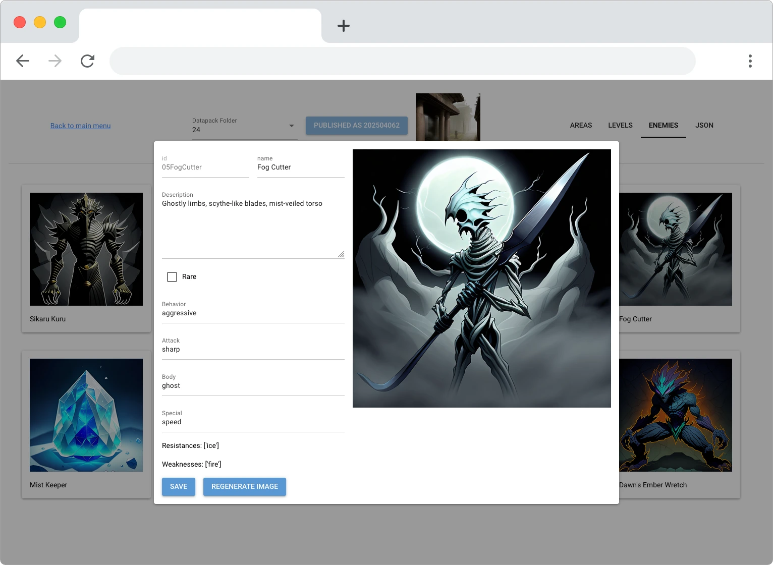 A browser dashboard for managing content on Aspire's servers. Several enemy images are visible, and a dialog menu for editing one enemy's data is open.