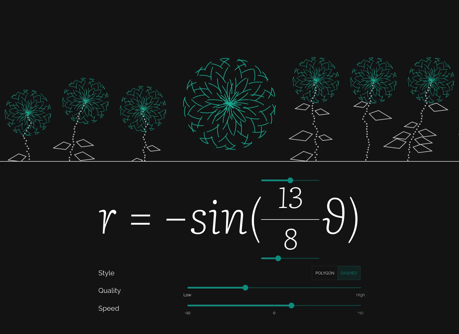 The rose curve visualizer producing a flowery teal rose curve