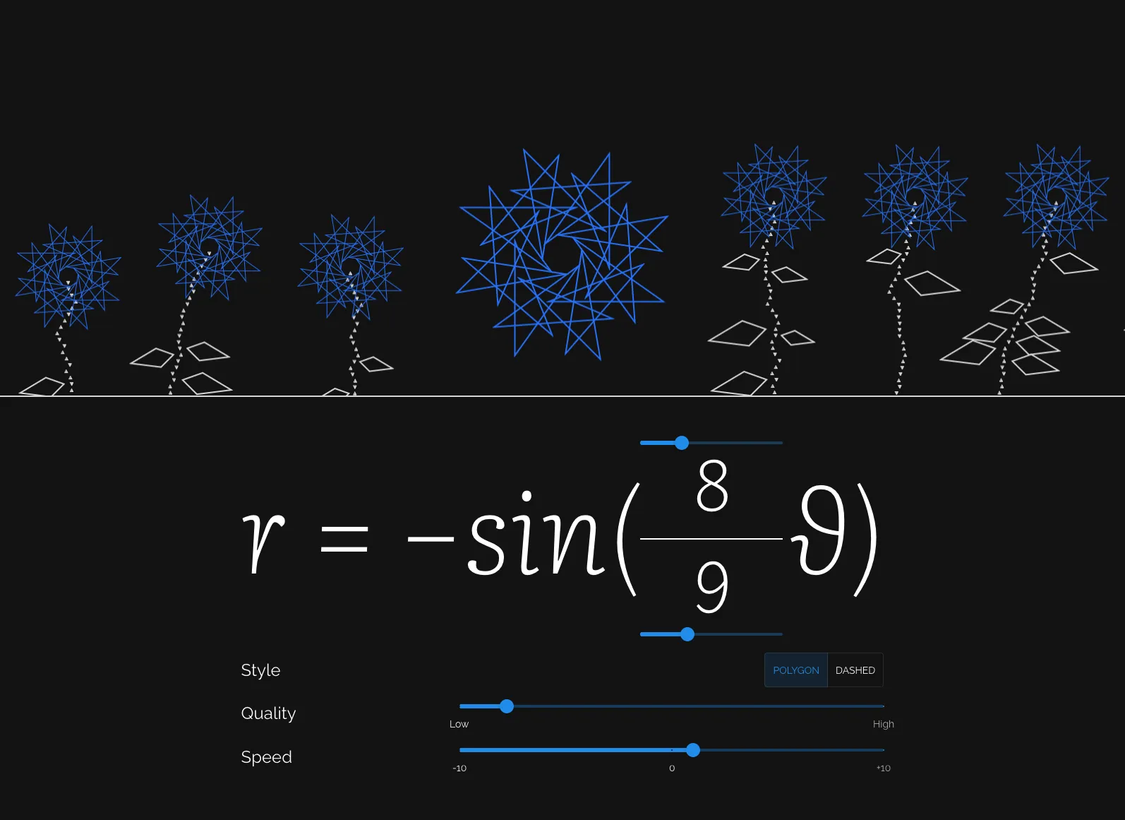 The rose curve visualizer producing a starry blue rose curve